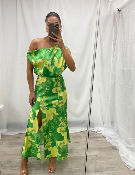PINK DIAMOND ABSTRACT DRESS IN GREEN/YELLOW