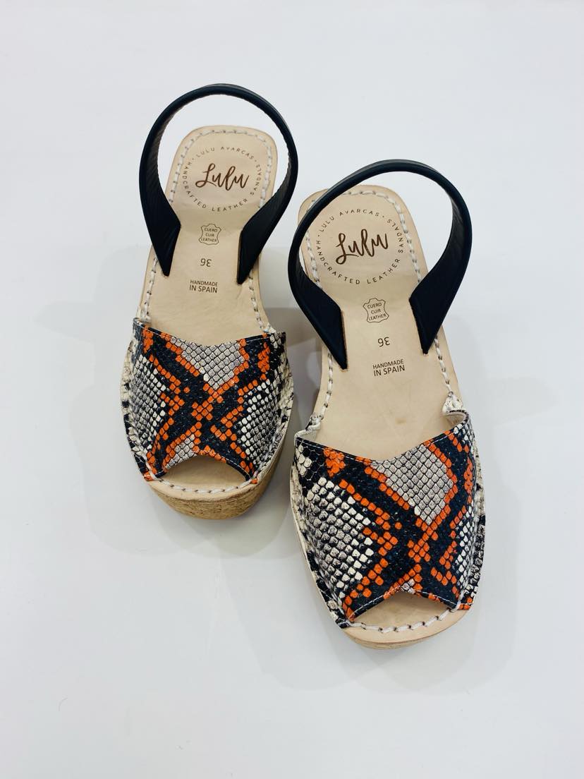 LULU AVARCAS CORK WEDGE IN SNAKE SKIN ORANGE