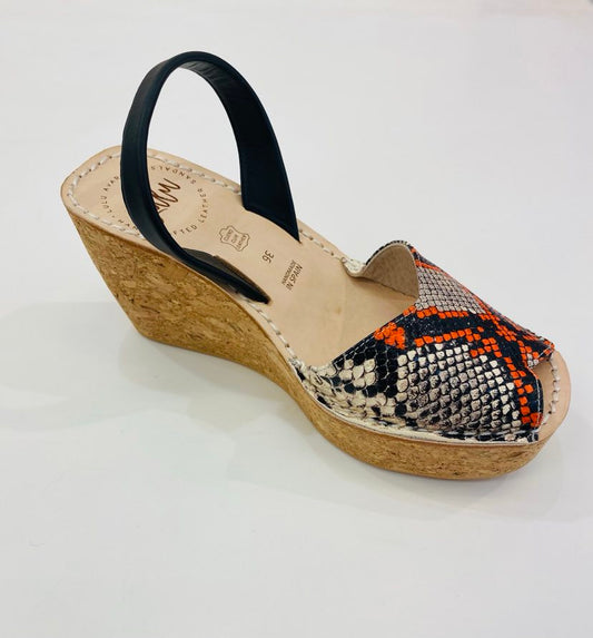 LULU AVARCAS CORK WEDGE IN SNAKE SKIN ORANGE