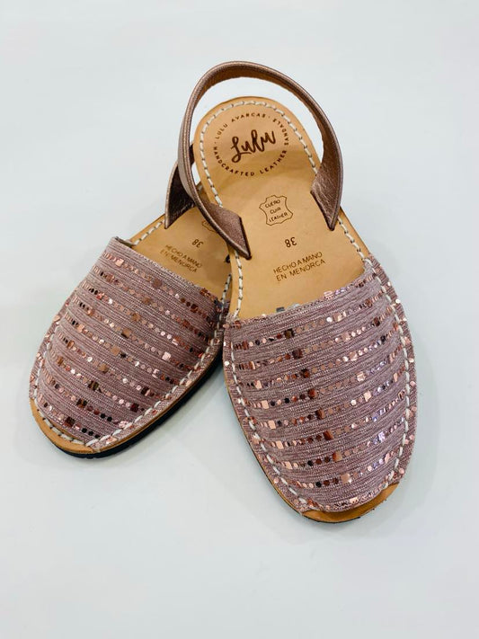 LULU AVARCAS LEATHER SANDAL IN ROSE GOLD AND SEQUIN