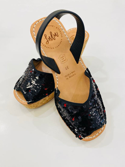 LULU AVARCAS LEATHER CORKS IN BLACK/RED SEQUIN