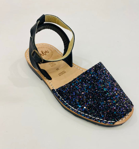 LULU AVARCAS LEATHER SANDAL IN MULTI GLITTER WITH BLACK ANKLE STRAP