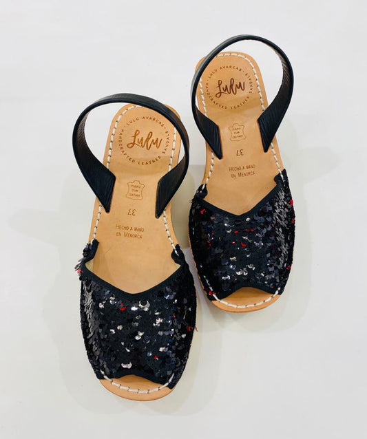 LULU AVARCAS LEATHER CORKS IN BLACK/RED SEQUIN