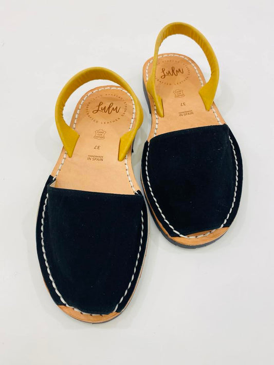 LULU AVARCAS LEATHER SANDAL IN BLACK SUEDE WITH MUSTARD STRAP