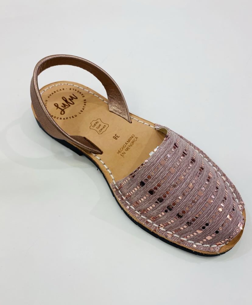 LULU AVARCAS LEATHER SANDAL IN ROSE GOLD AND SEQUIN