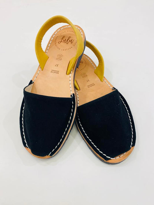 LULU AVARCAS LEATHER SANDAL IN BLACK SUEDE WITH MUSTARD STRAP