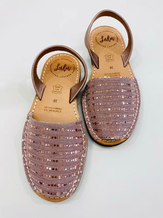 LULU AVARCAS LEATHER SANDAL IN ROSE GOLD AND SEQUIN