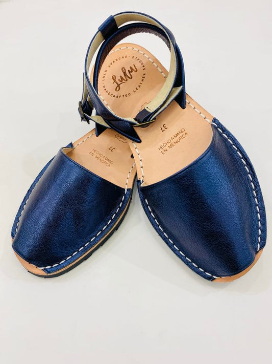 LULU AVARCAS LEATHER METALLIC NAVY SANDAL WITH ANKLE STRAP