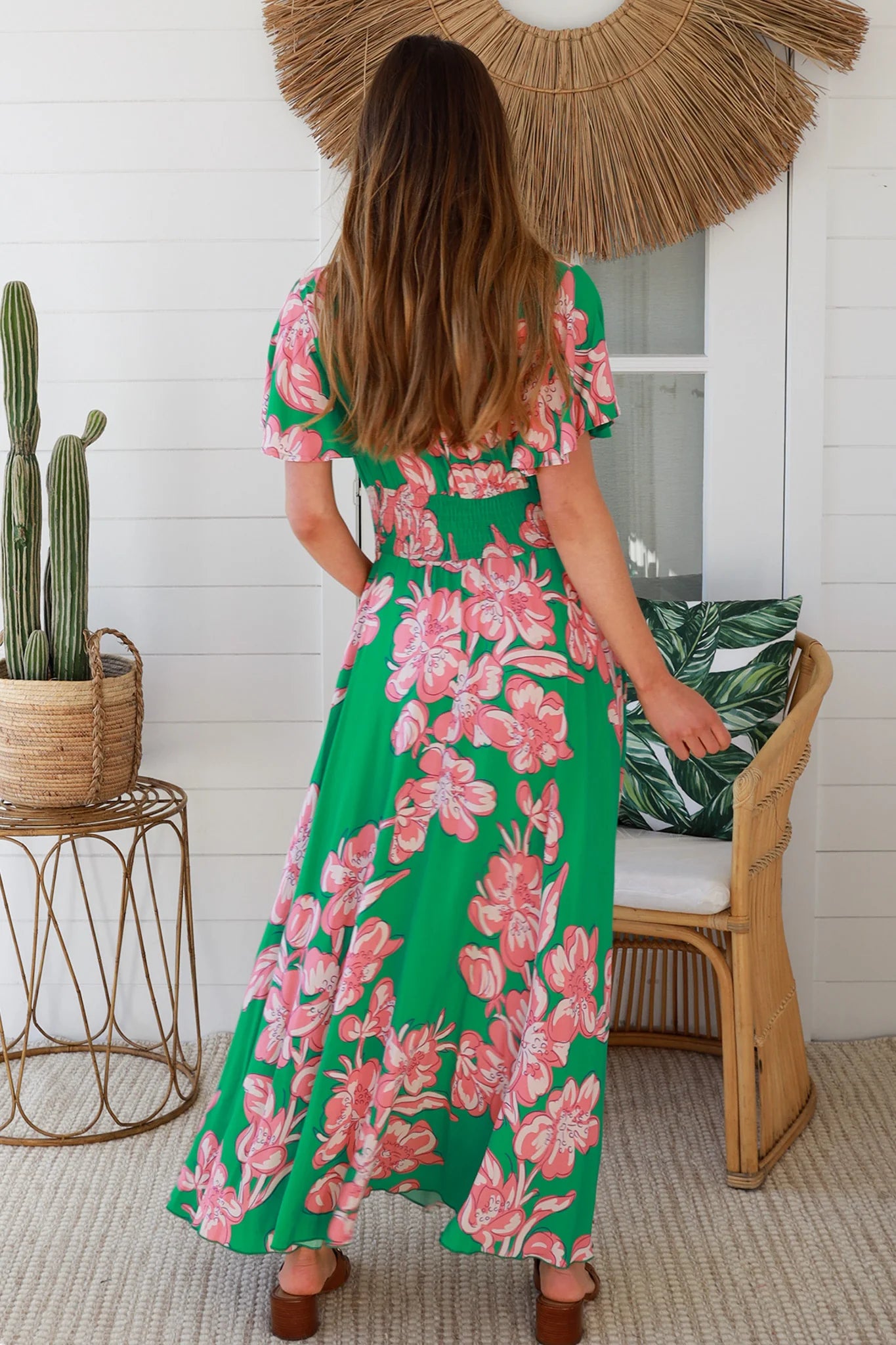 AVA & MIA BETTY GREEN V-NECK MAXI DRESS