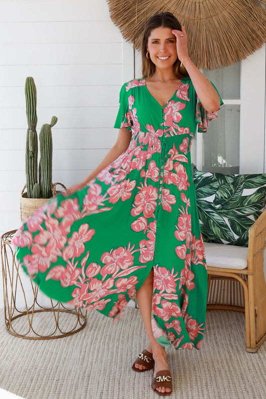 AVA & MIA BETTY GREEN V-NECK MAXI DRESS