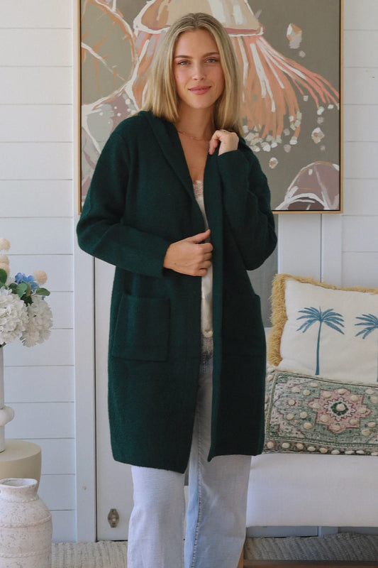 CHARLOTTE WOOL BLEND CARDI WITH HOOD IN FORREST GREEN