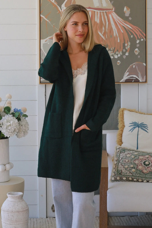 CHARLOTTE WOOL BLEND CARDI WITH HOOD IN FORREST GREEN