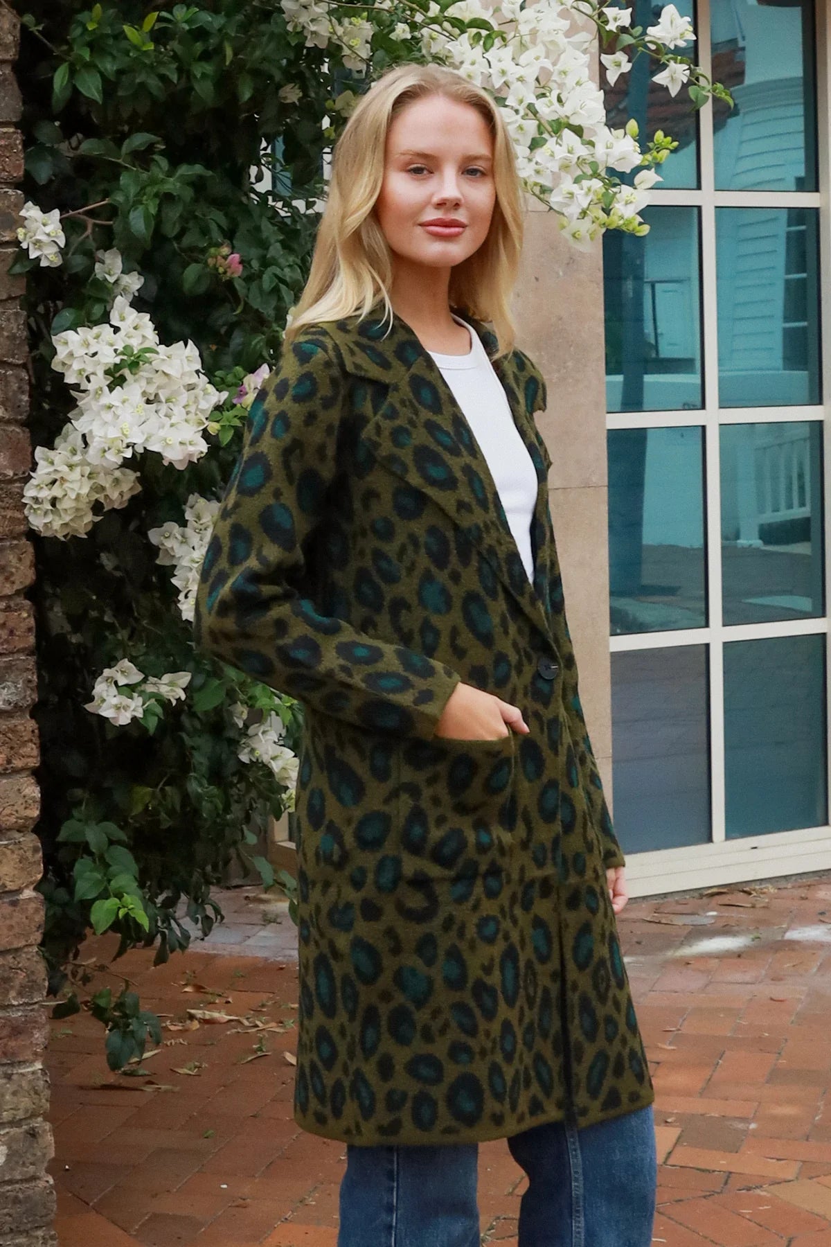 CHARLOTTE COZY WOOL BLEND KNIT CARDI IN GREEN ANIMAL PRINT