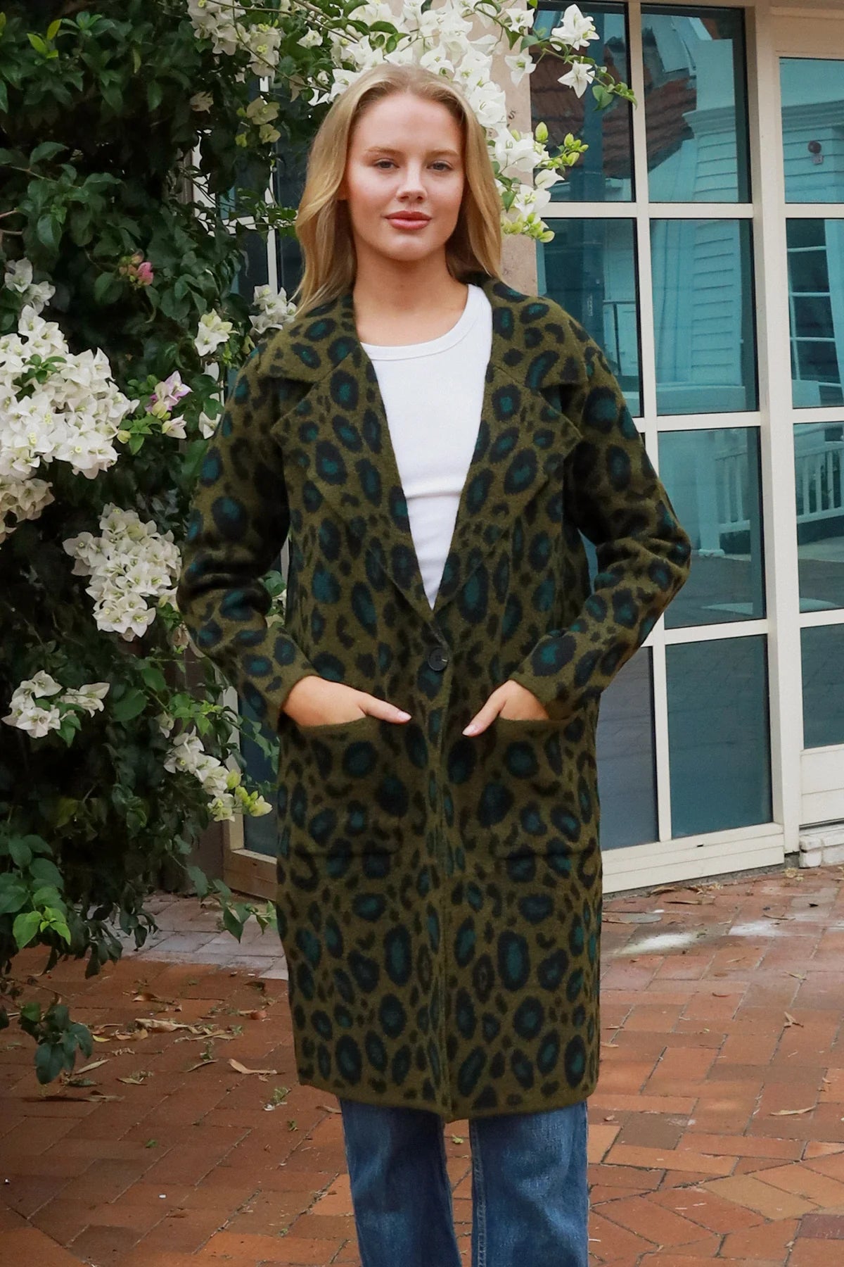 CHARLOTTE COZY WOOL BLEND KNIT CARDI IN GREEN ANIMAL PRINT