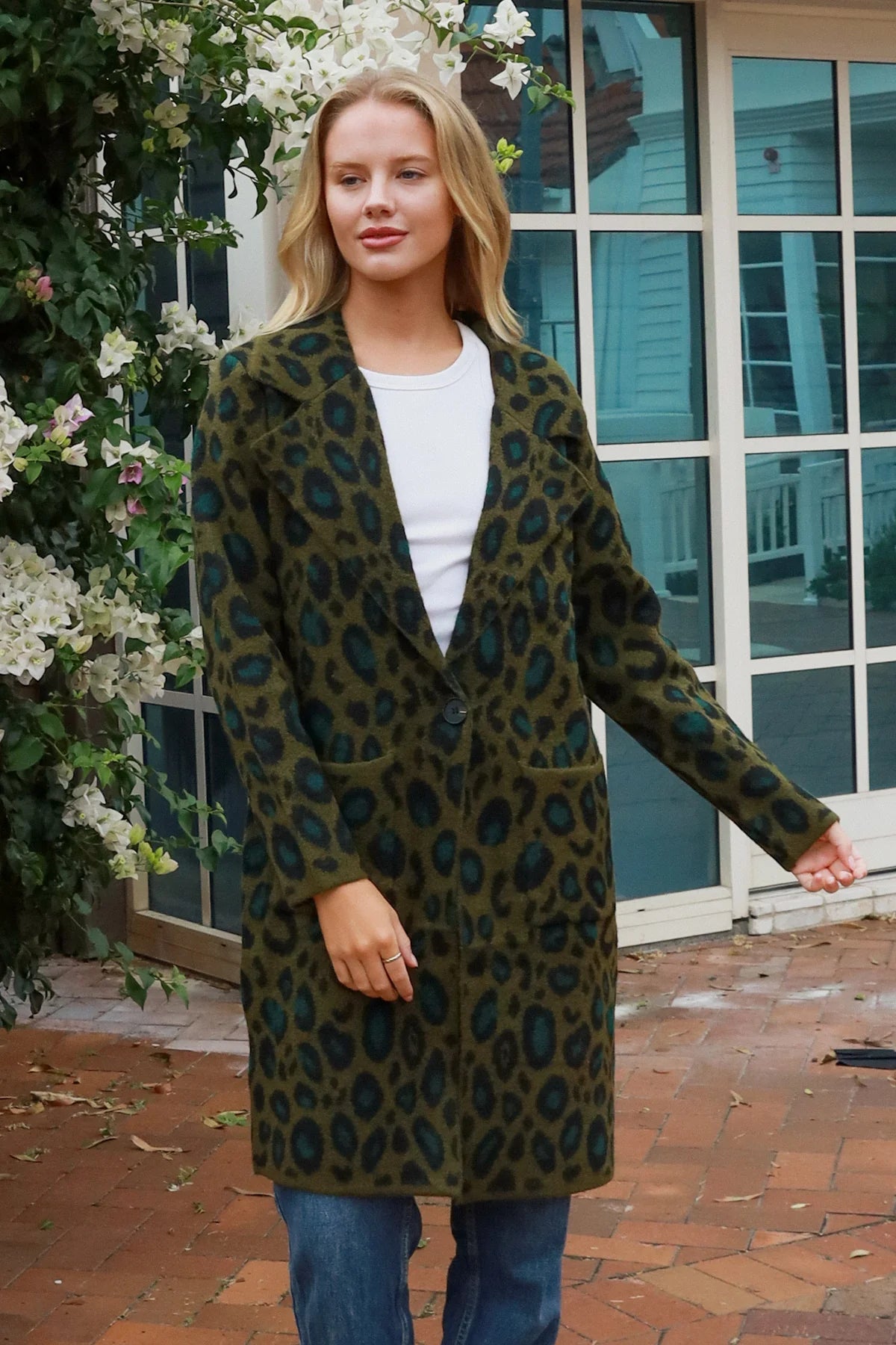 CHARLOTTE COZY WOOL BLEND KNIT CARDI IN GREEN ANIMAL PRINT