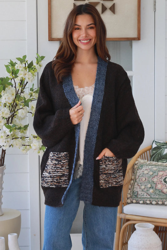 CHARLOTTTE COFFEE AND BLUE WOOL BLEND CARDI WITH POCKETS