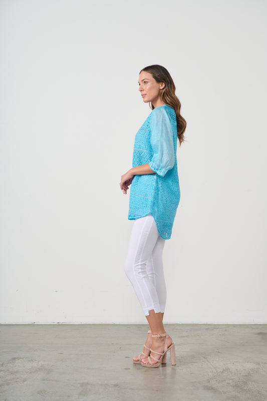 CAJU BRODERIE TUNIC WITH HI LOW HEM IN BLUE