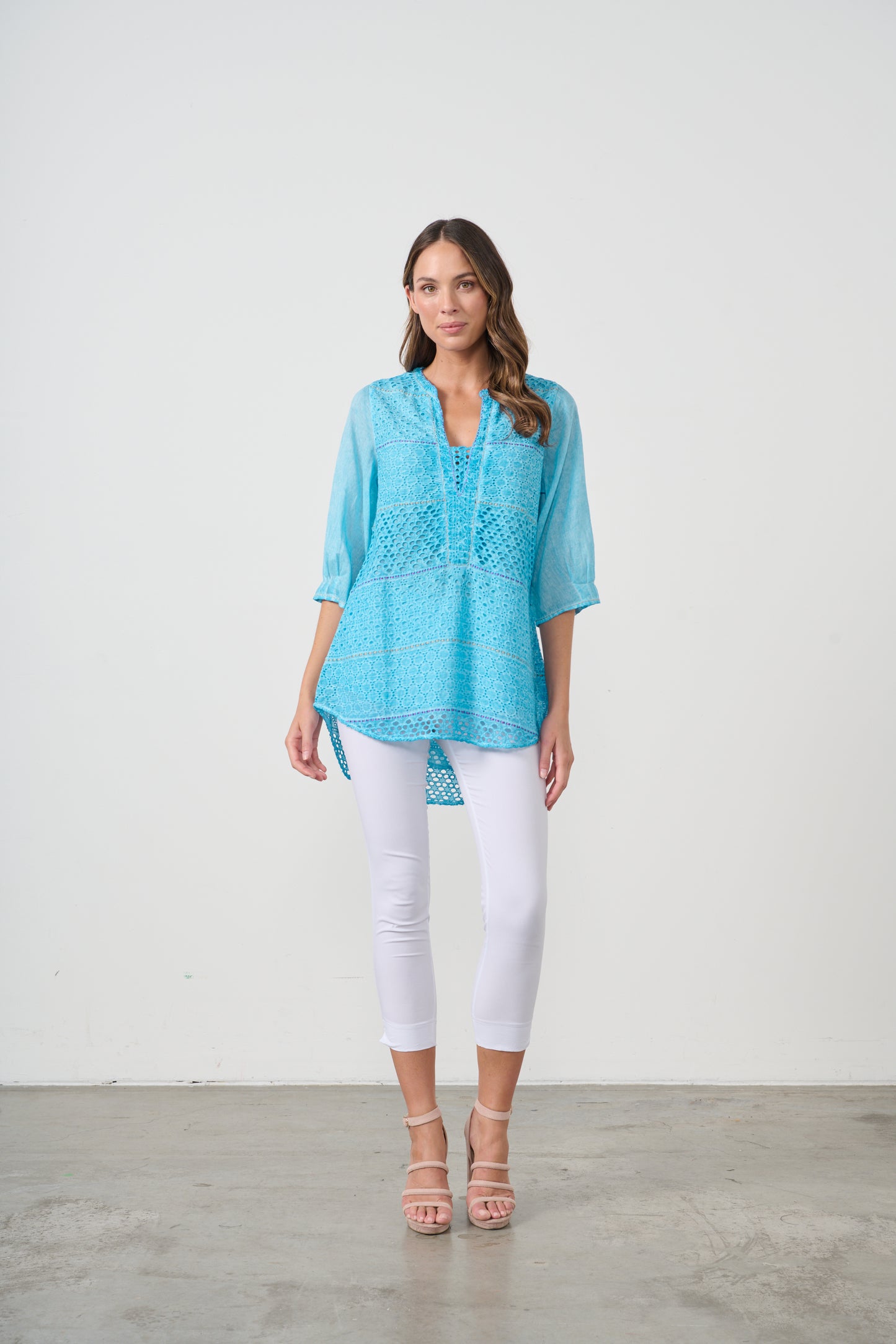CAJU BRODERIE TUNIC WITH HI LOW HEM IN BLUE
