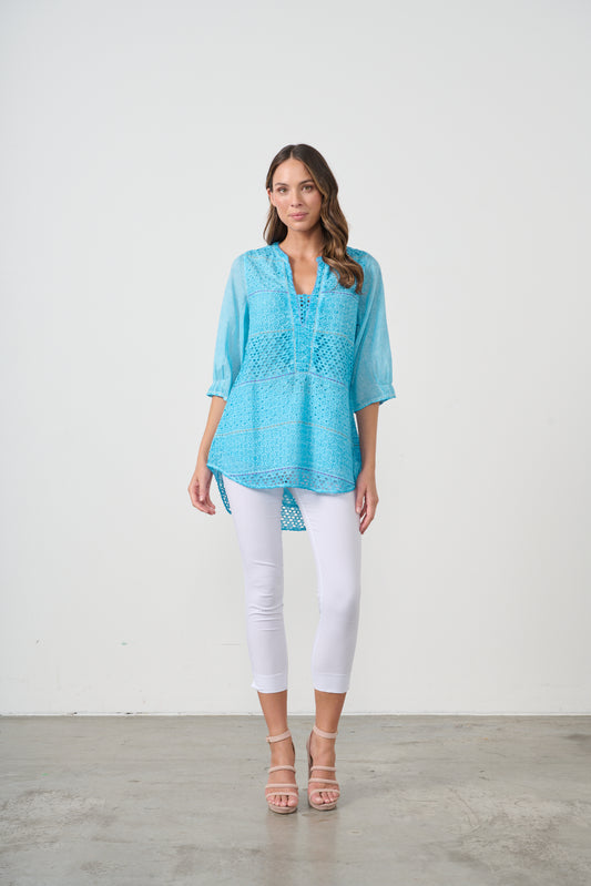 CAJU BRODERIE TUNIC WITH HI LOW HEM IN BLUE