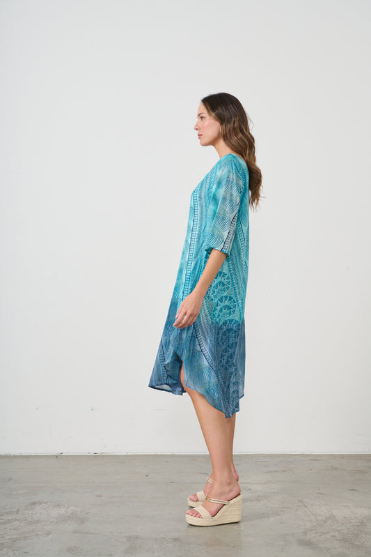 CAJU BIAS CUT COTTON DRESS IN MULTI BLUE PRINT