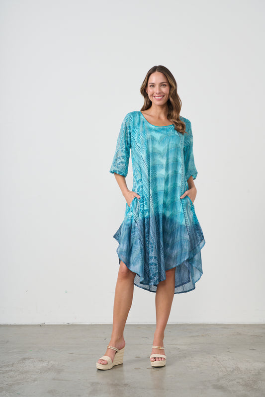 CAJU BIAS CUT COTTON DRESS IN MULTI BLUE PRINT