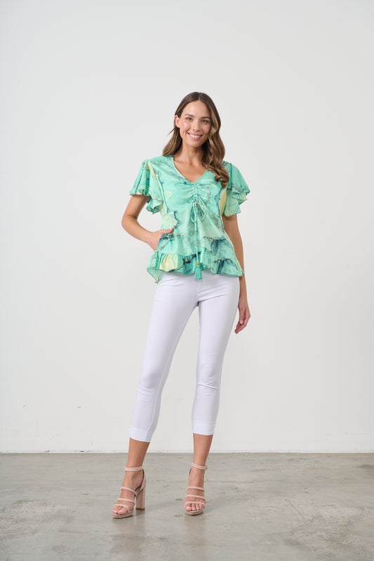 CAJU BLOUSE IN MARBLE PRINT WITH DRAWSTRING NECKLINE IN AQUA