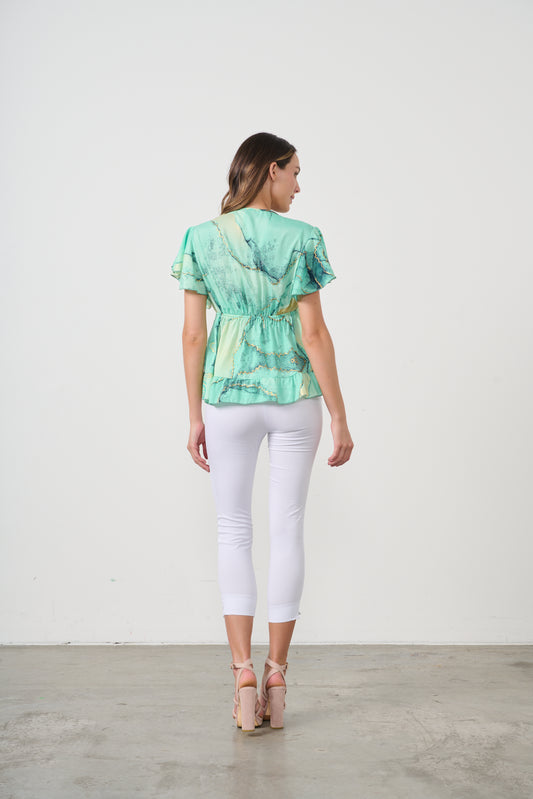 CAJU BLOUSE IN MARBLE PRINT WITH DRAWSTRING NECKLINE IN AQUA