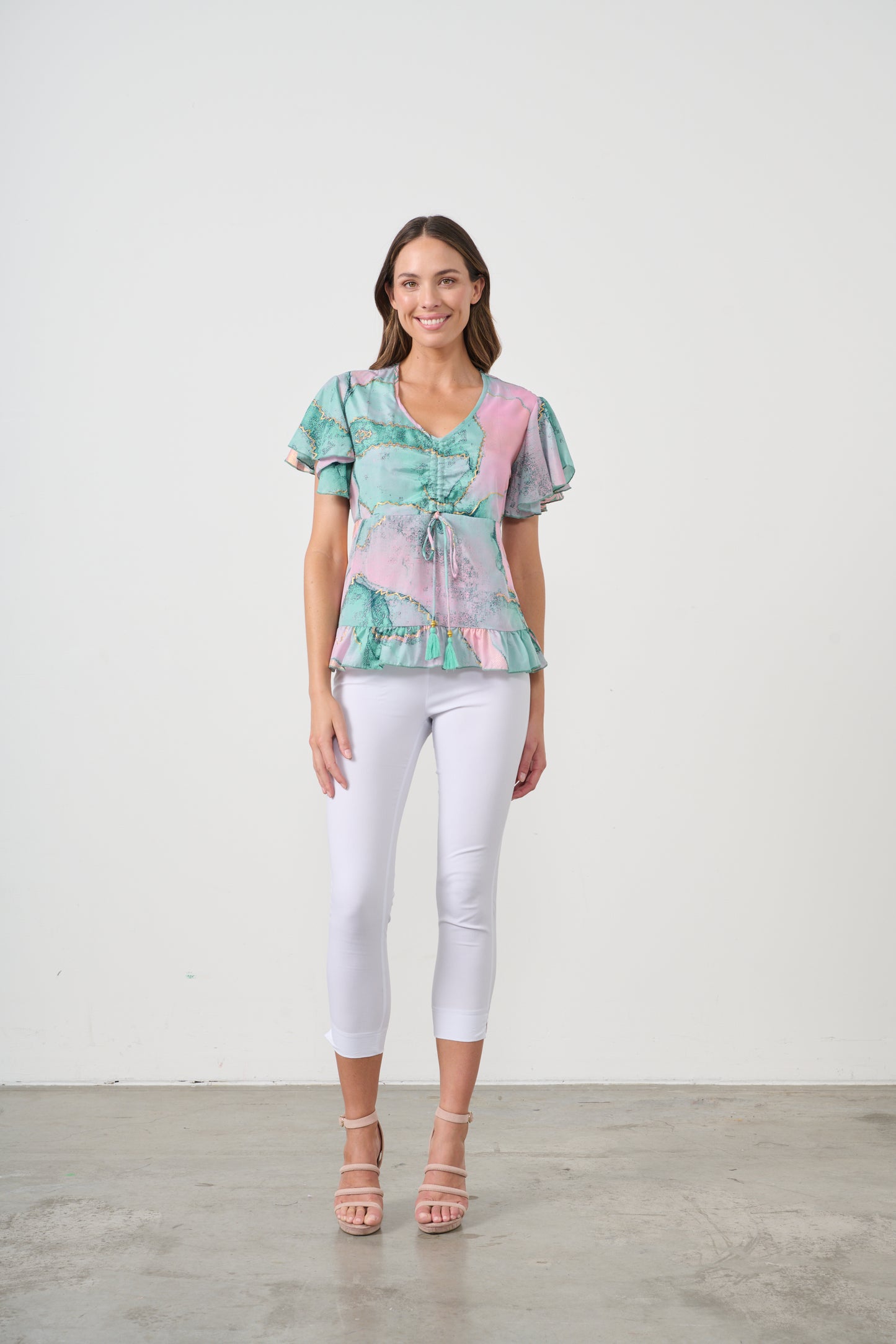 CAJU PINK MARBLE PRINT TOP WITH DRAWSTRING NECKLINE