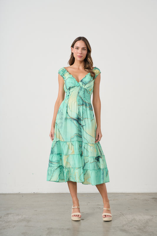 CAJU MARBLE PRINT DRESS WITH SHIRRED WAIST IN AQUA
