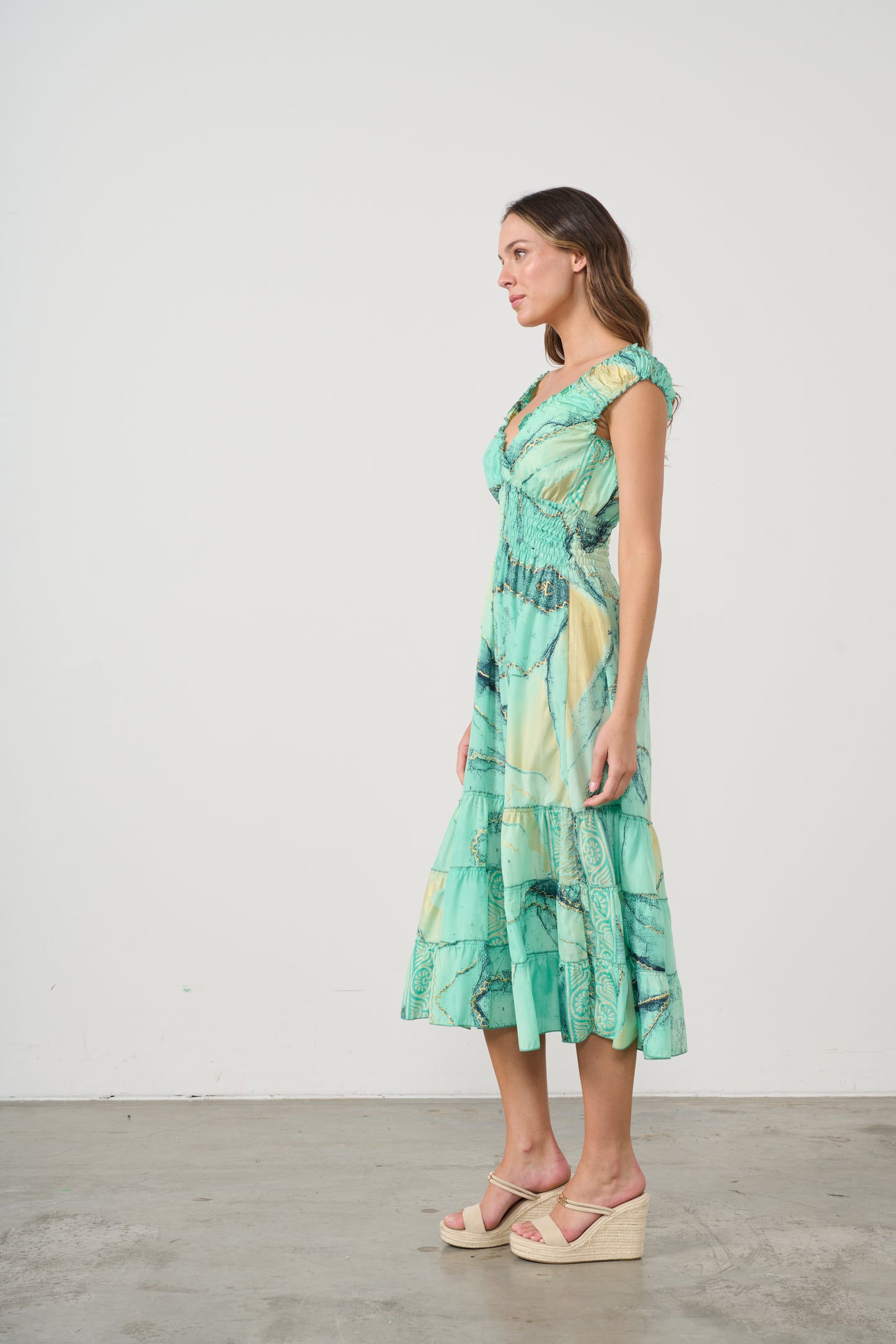 CAJU MARBLE PRINT DRESS WITH SHIRRED WAIST IN AQUA