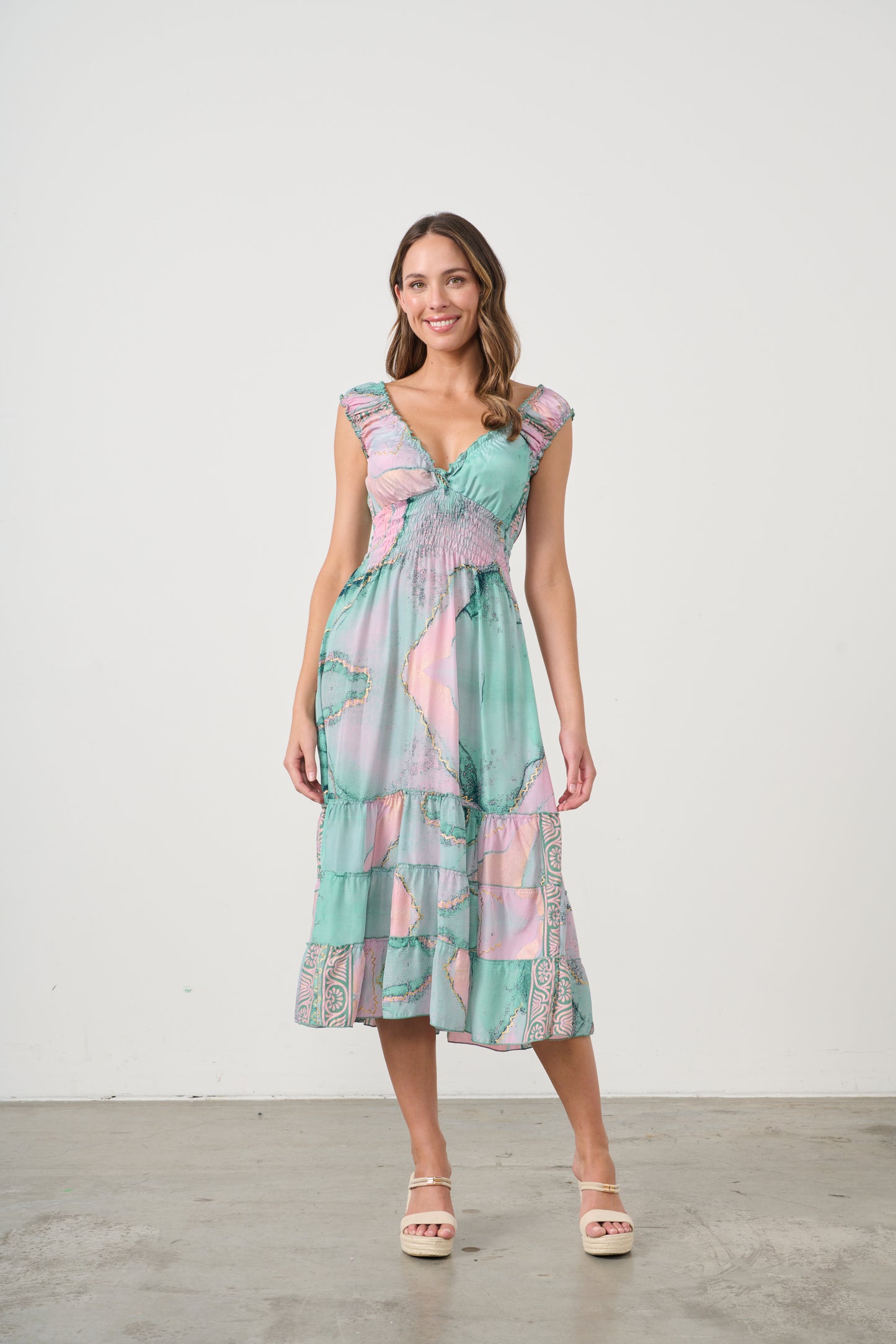 CAJU MARBLE PRINT DRESS WITH SHIRRED WAIST IN PINK