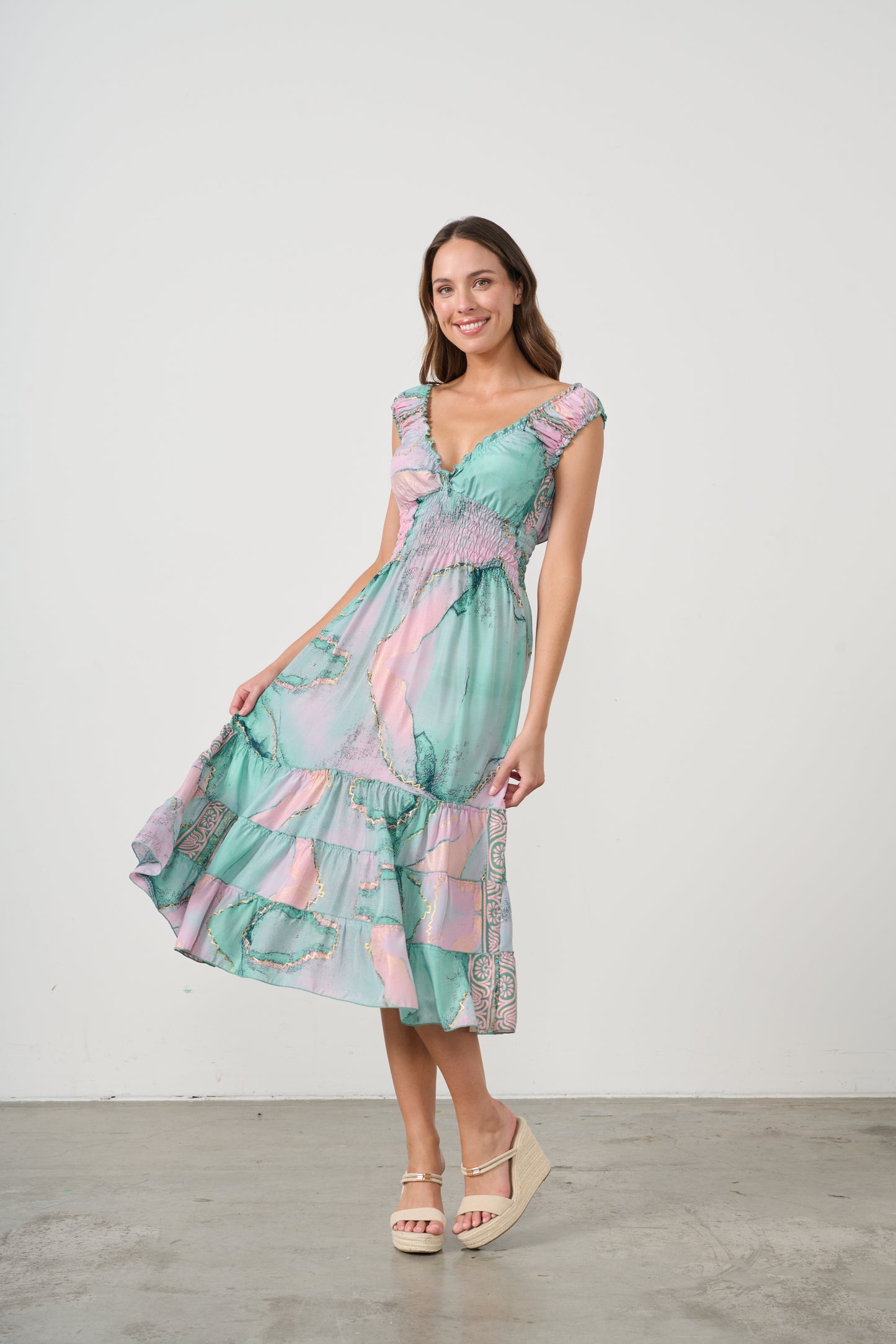 CAJU MARBLE PRINT DRESS WITH SHIRRED WAIST IN PINK