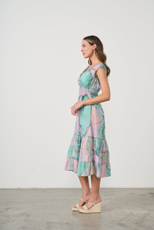 CAJU MARBLE PRINT DRESS WITH SHIRRED WAIST IN PINK