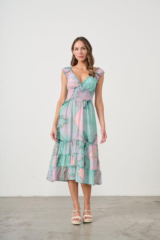 CAJU MARBLE PRINT DRESS WITH SHIRRED WAIST IN PINK