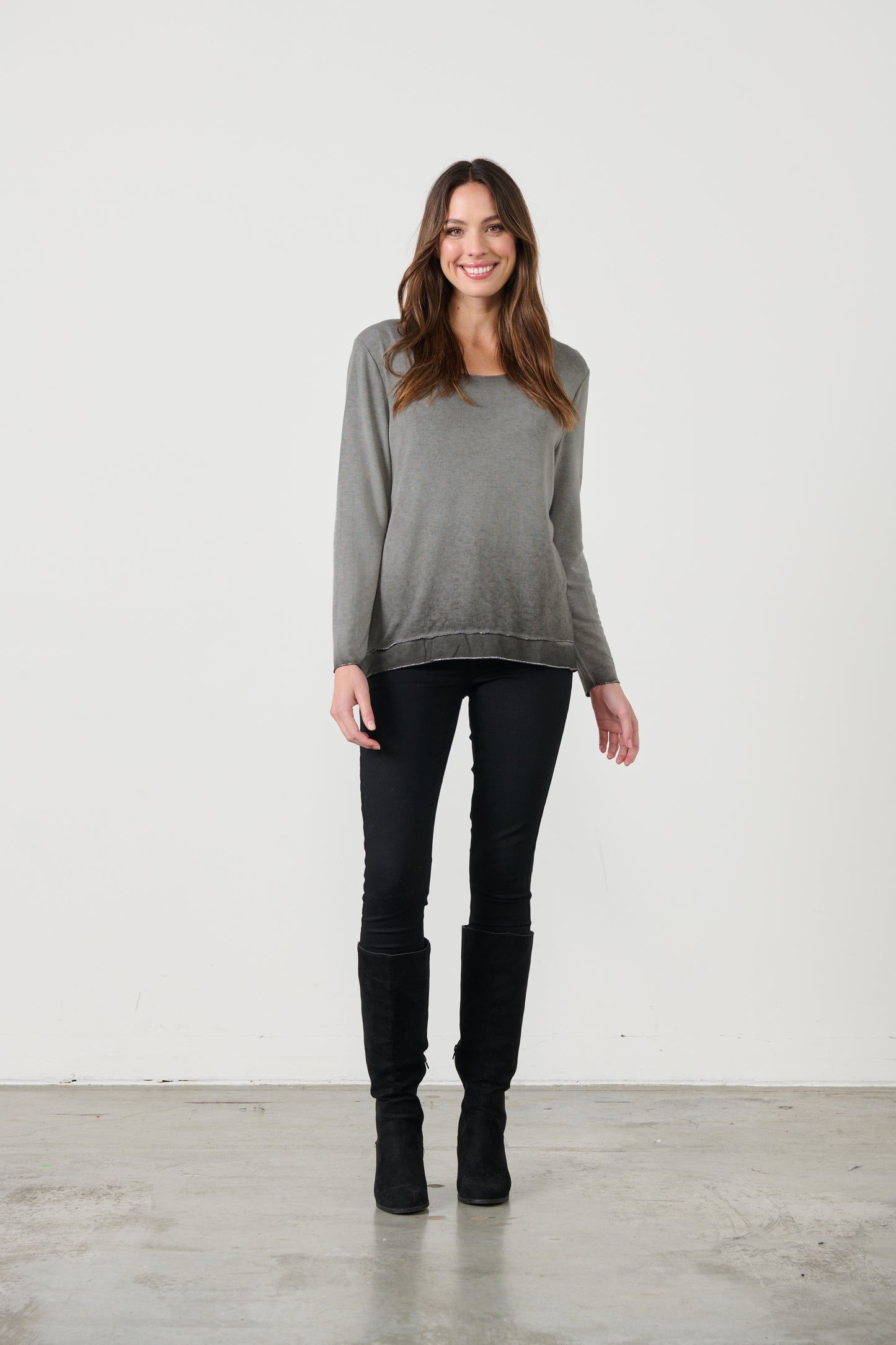 CAJU SPARKLE THREAD LONG SLEEVE TOP IN CHARCOAL