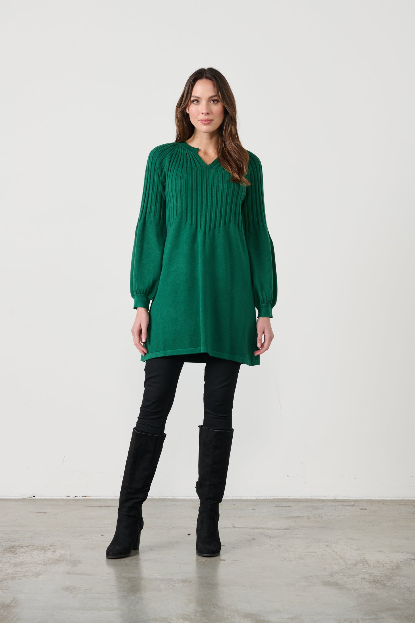 CAJU HALF RIB KNIT WITH PUFF SLEEVE TUNIC IN FOREST
