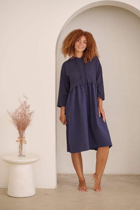 GELATU HOODED DRESS IN INDIGO