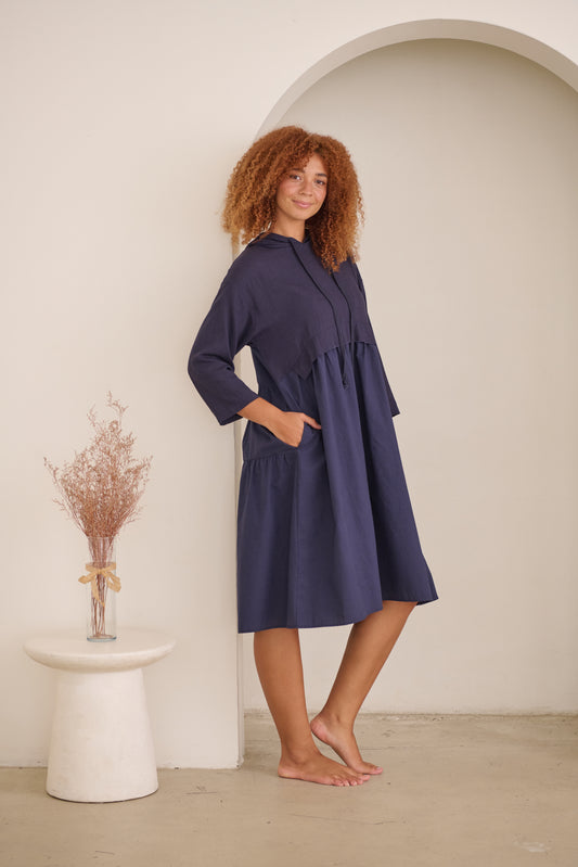 GELATU HOODED DRESS IN INDIGO