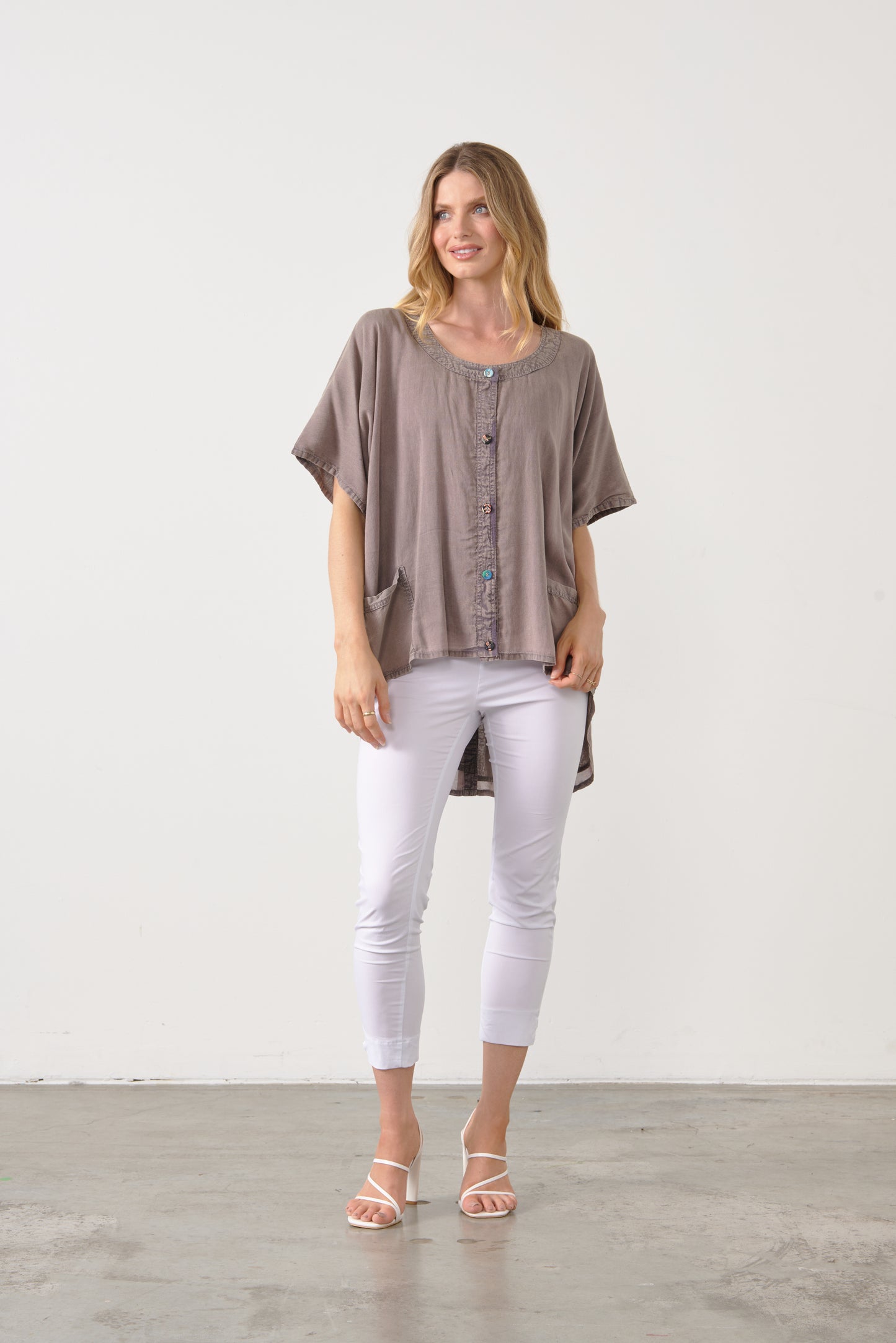 HOLMES & FALLON BUTTON BACK HI-LO TOP IN MUSHROOM