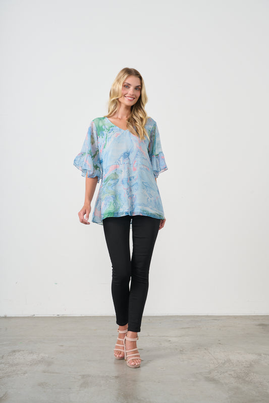 HOLMES & FALLON BLOUSE WITH LACED BACK DETAIL IN BLUE MARBLE