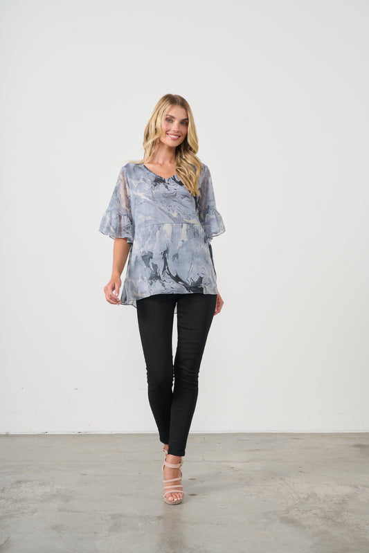 HOLMES & FALLON BLOUSE WITH LACED BACK DETAIL IN BLUE MARBLE