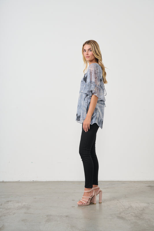 HOLMES & FALLON BLOUSE IN GREY MARBLE WITH LACE BACK FEATURE