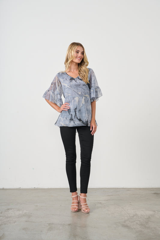 HOLMES & FALLON BLOUSE IN GREY MARBLE WITH LACE BACK FEATURE