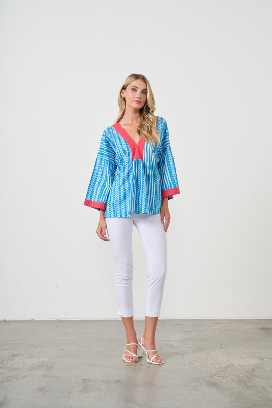 HOLMES & FALLON COTTON SHIRT IN BLUE WITH RED NECKLINE AND CUFFS