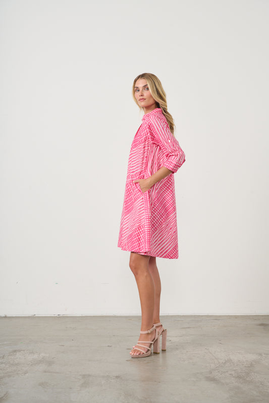 HOLMES AND FALLON SUMMER DRESS WITH COLLAR IN PINK PRINT