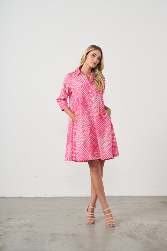 HOLMES AND FALLON SUMMER DRESS WITH COLLAR IN PINK PRINT