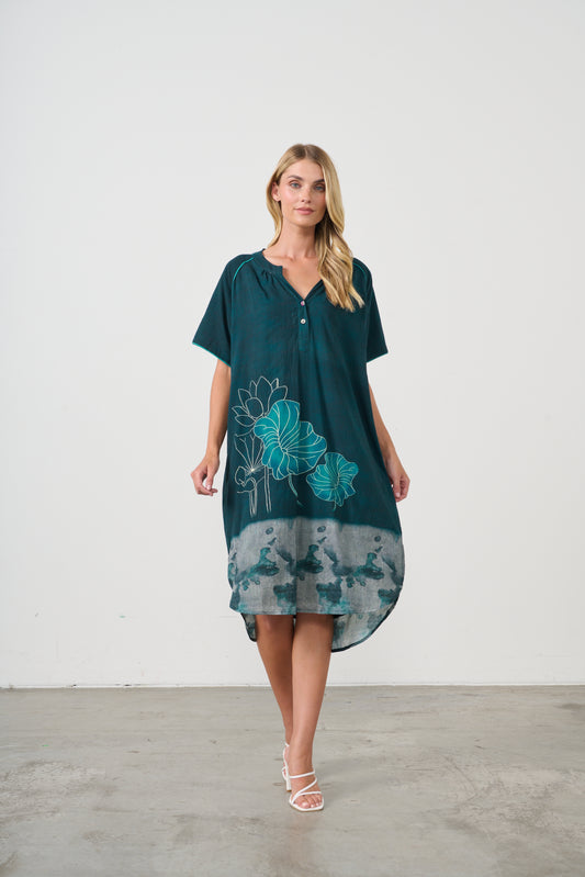 HOLMES & FALLON SCOOP HEM LOTUS PRINT DRESS