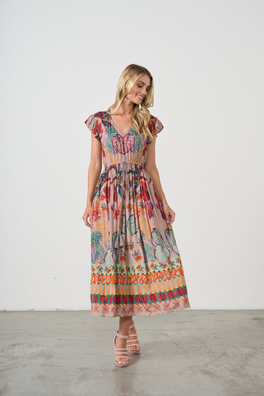 HOLMES & FALLON TROPICAL PRINT ELASTIC WAIST DRESS IN MUSHROOM