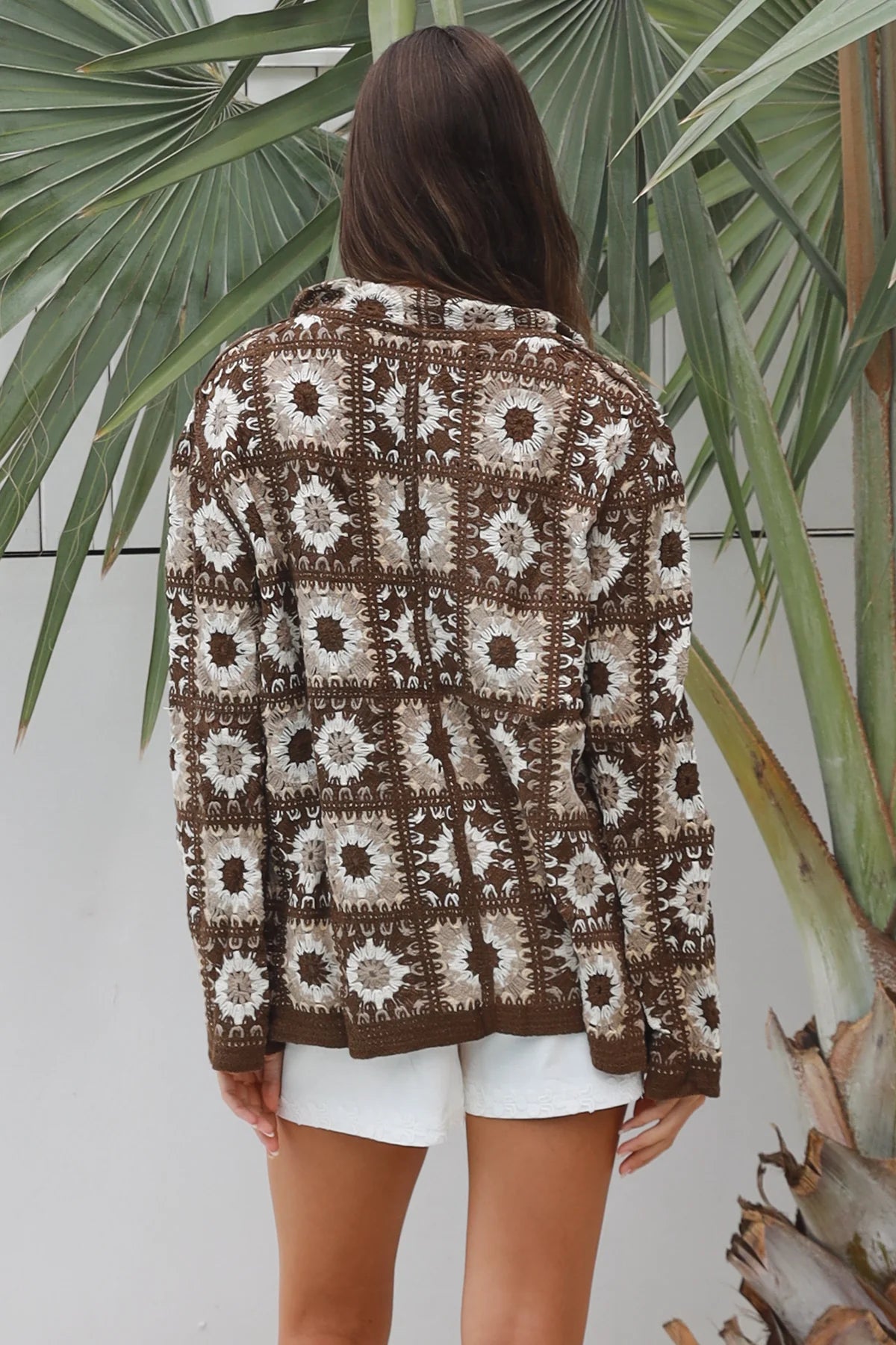 WILLOW MIDI PATCHWORK CARDI WITH COLLAR IN EARTHY TONES