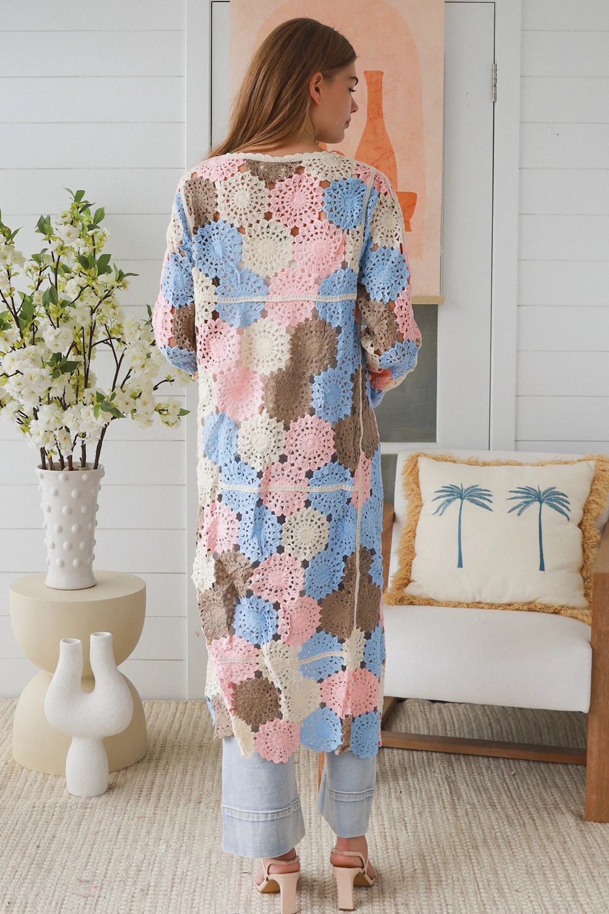 WILLOW LONG CROCHET CARDI IN PINK, BLUE, CREAM AND BROWN